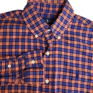 Ralph Lauren Men Small Plaid Button-Down Shirt Orange Blue Checkered Long Sleeve